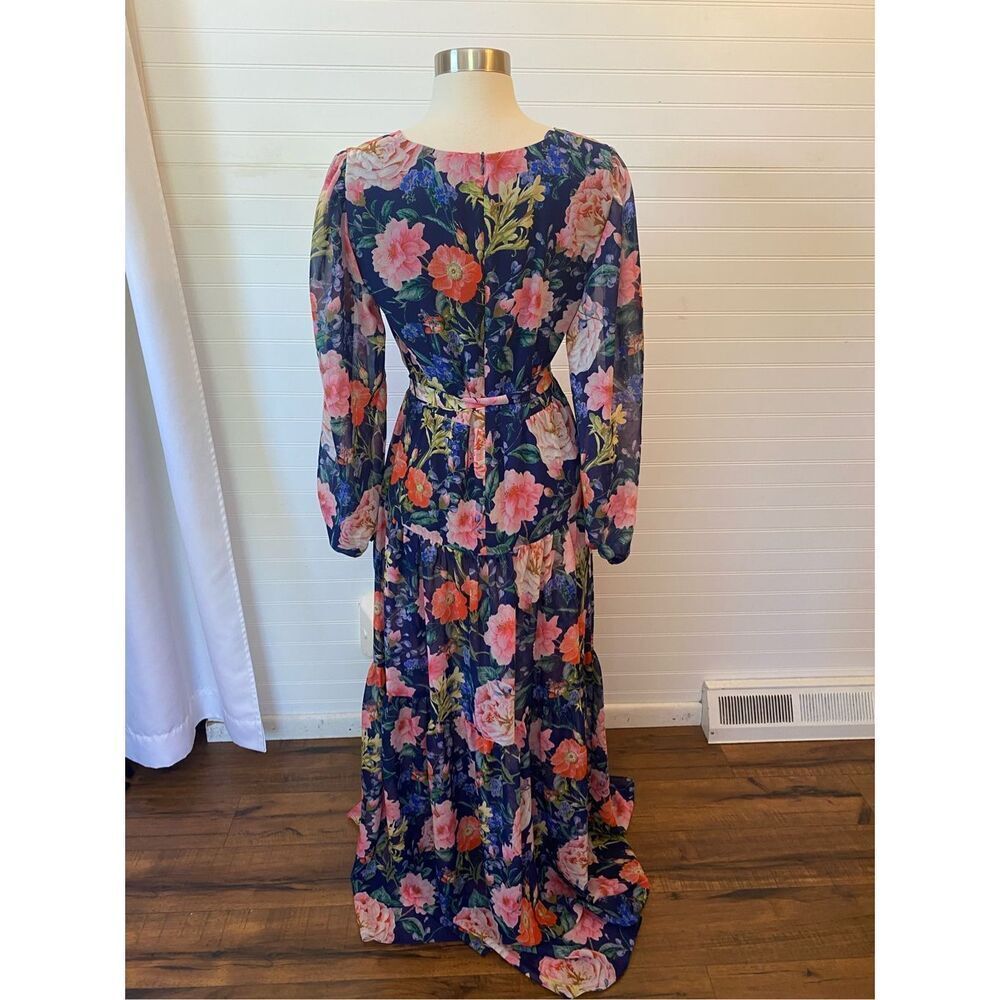 Eliza J Chiffon Chiffon Floral-Print Faux-Wrap Tiered Maxi Dress NEW Size 4 Blue - Picture 6 of 12